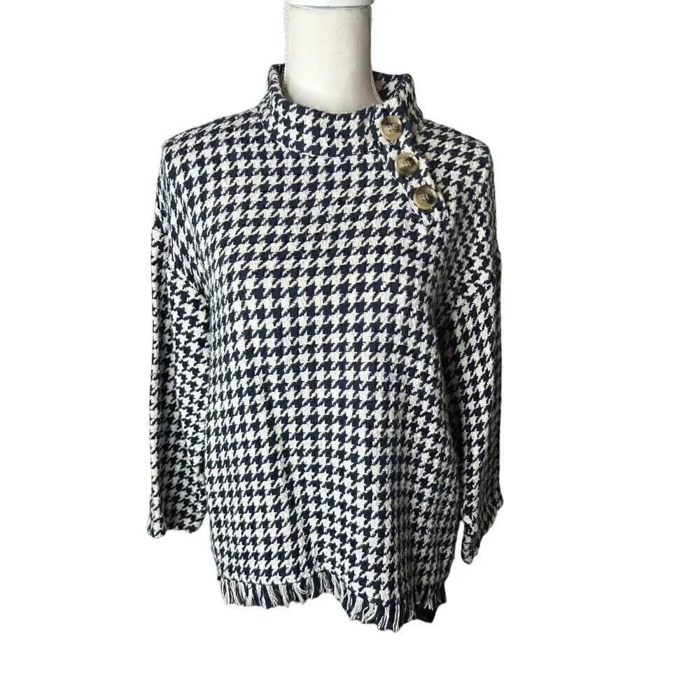 ZARA Blue & White Houndstooth High Neck Sweater Top Sz XS